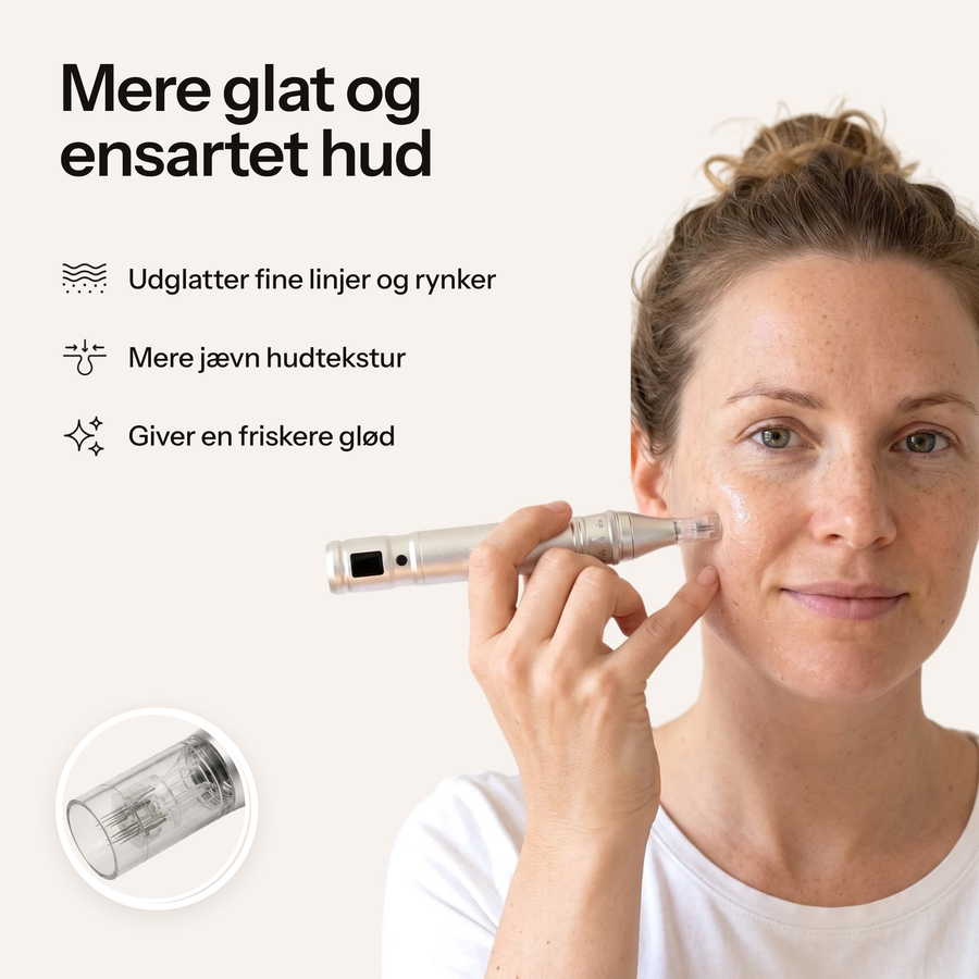 Kvinde bruger Feevra Microneedling Pen på kinden – mere glat og ensartet hud