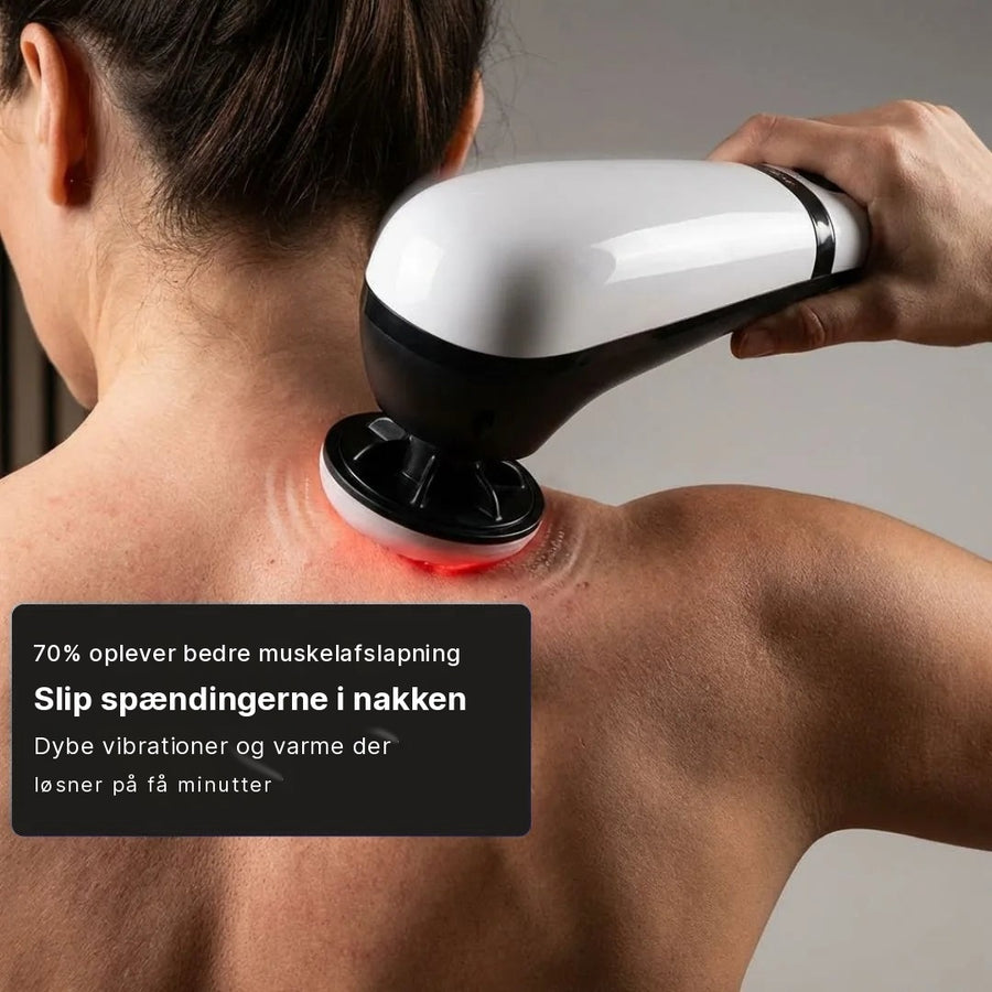 Kvinde bruger Feevra Relevo Pro håndmassager mod spændinger i nakken
