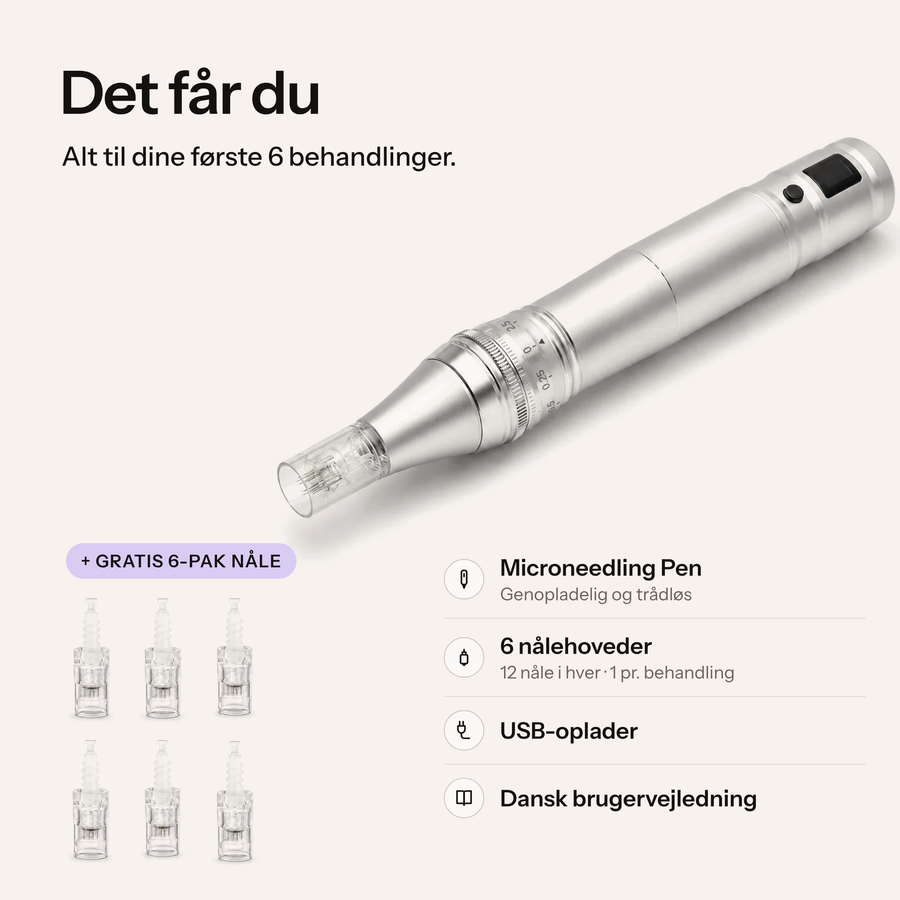Det får du: Microneedling Pen, gratis 6-pak nåle (6 nålehoveder), USB-oplader og dansk brugervejledning