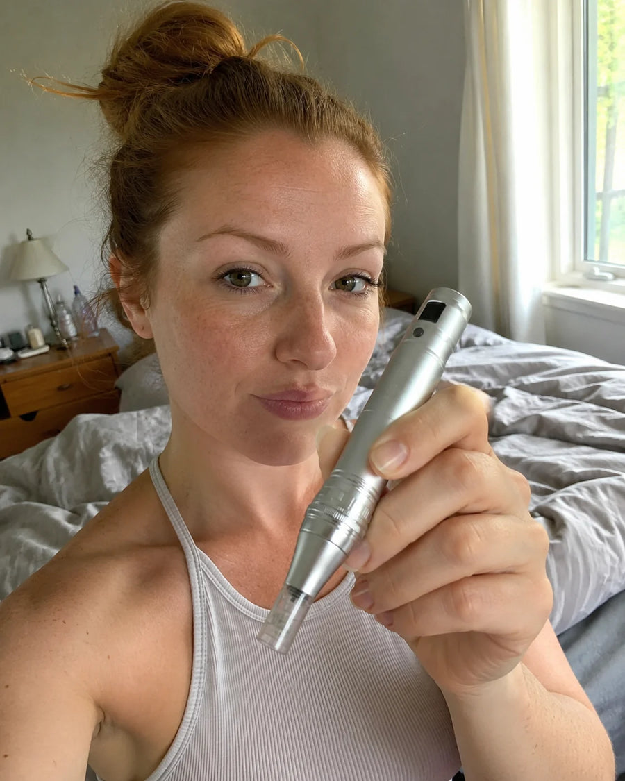 Kvinde holder Feevra Microneedling Dermapen i soveværelset
