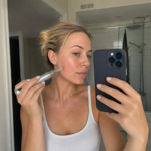 Kvinde tager spejlselfie med Feevra Microneedling Dermapen