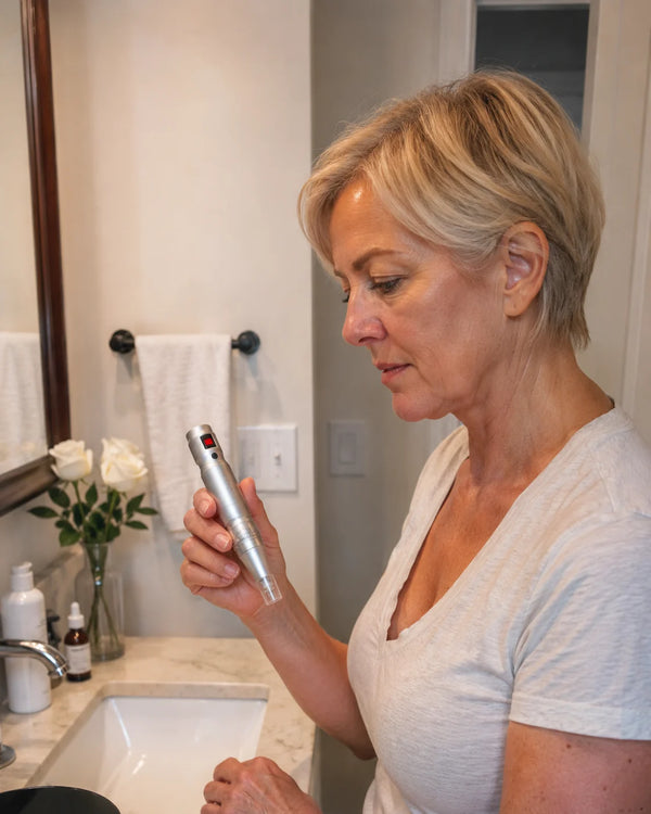 Kvinde bruger Feevra Microneedling Dermapen ved badeværelsesvasken