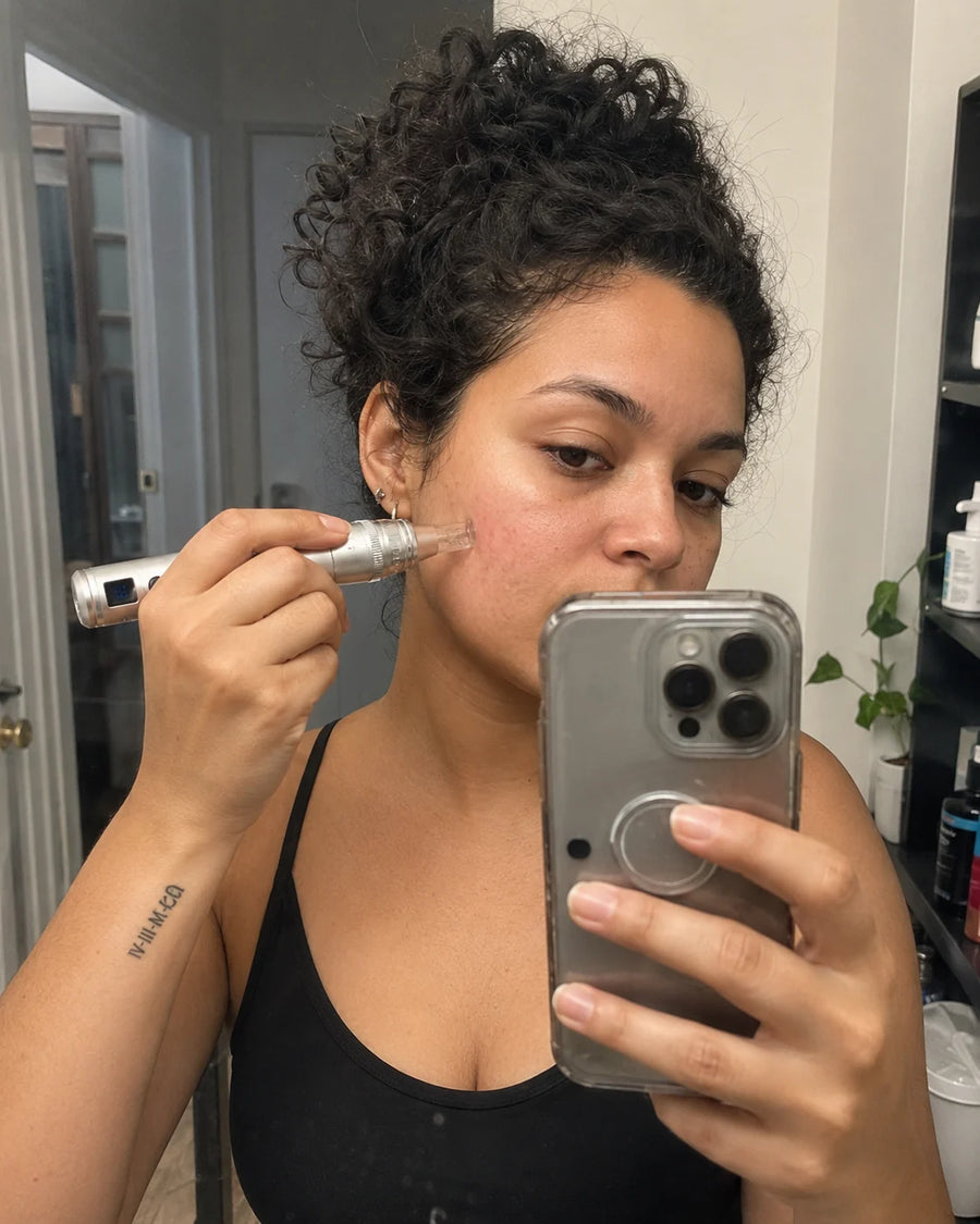 Kvinde behandler ansigtet med Feevra Microneedling Dermapen