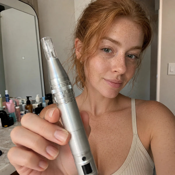 Rødhåret kvinde holder Feevra Microneedling Dermapen op ved ansigtet