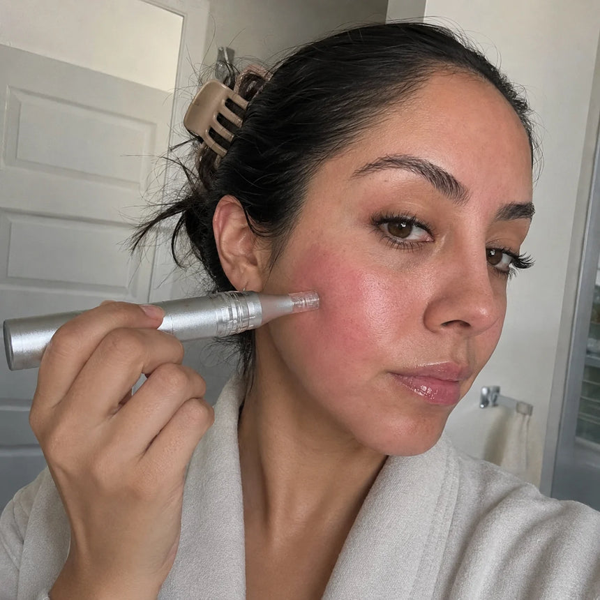 Kvinde behandler kinden med Feevra Microneedling Dermapen