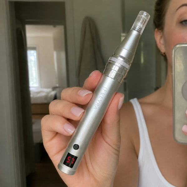Kvinde bruger Feevra Microneedling Dermapen foran spejlet