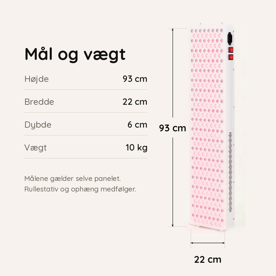 NovaRed Pro mål: 93 cm høj, 22 cm bred, 6 cm dyb og 10 kg